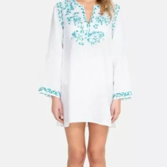 Women's NWT Johnny Was Marie White &Turquoise Tunic Beach coverup Sz Large - Picture 2 of 5
